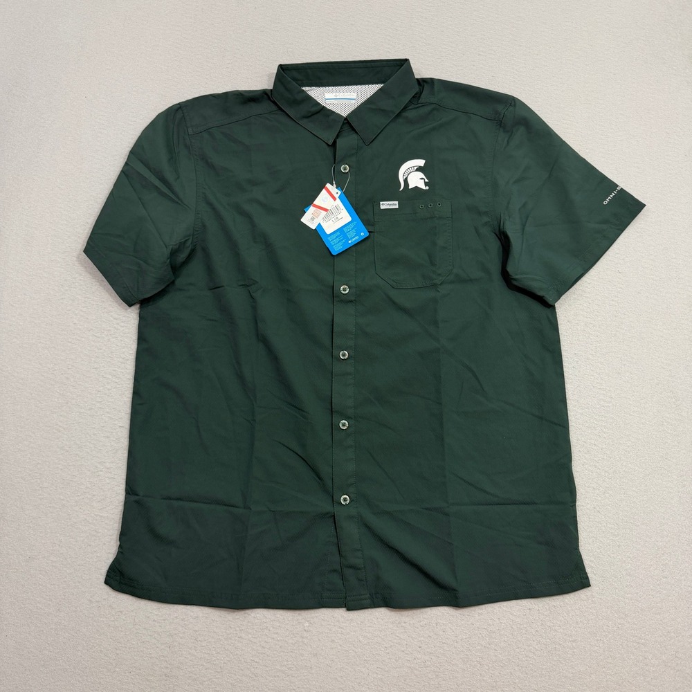 Columbia Shirt Large Green Black Tide Camp Michigan State Spartans Fish Flag NEW